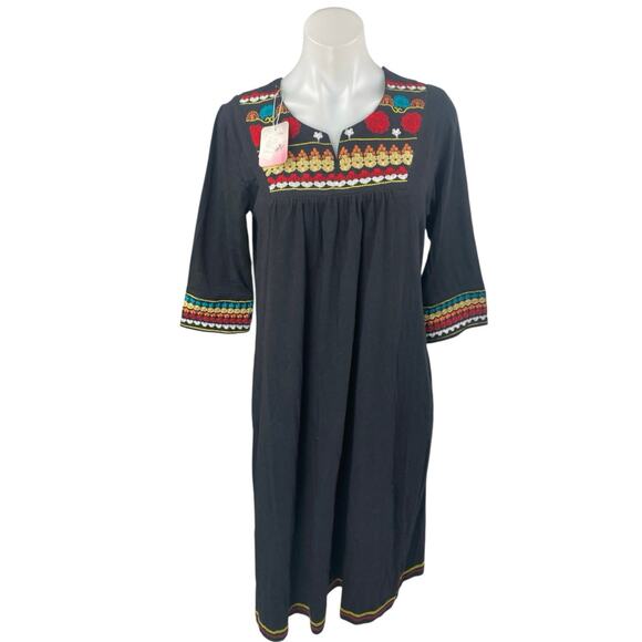 NEW Zecotex Black Floral Embroidered Split Neck Half Sleeve Midi A-Line Dress M - Picture 1 of 4